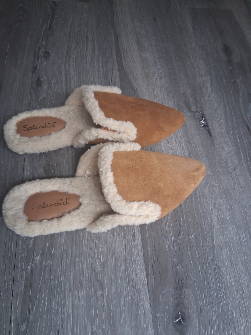 Splendid Liza Sherpa Suede Pointed Mules with Cream Shearling Caramel Tan Size 8